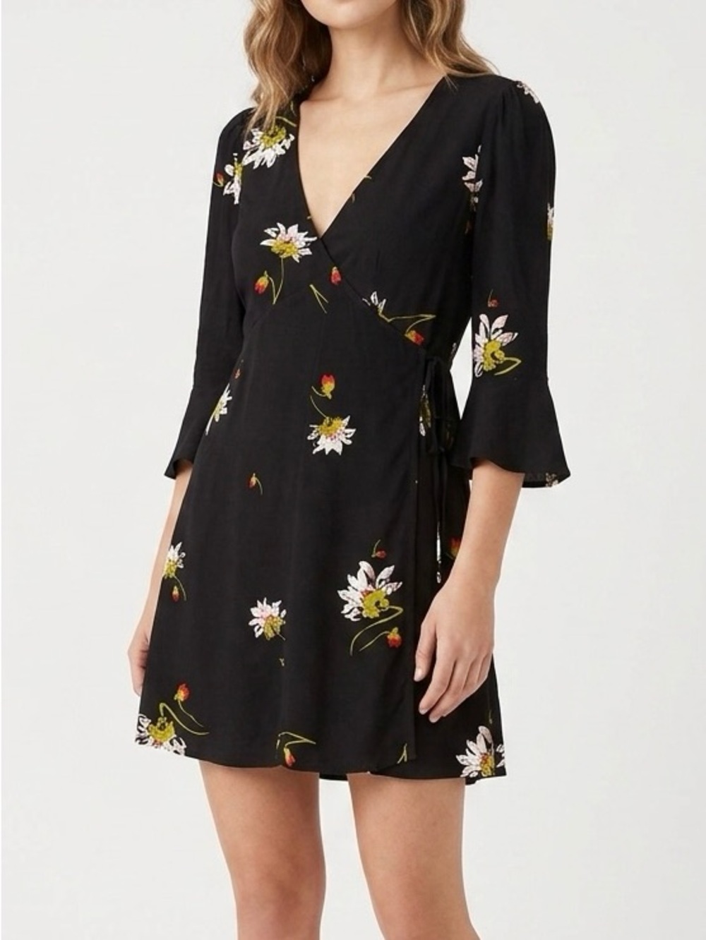 Free People Time On My Side Floral Wrap Dress Black XS Boho Chic Y2K